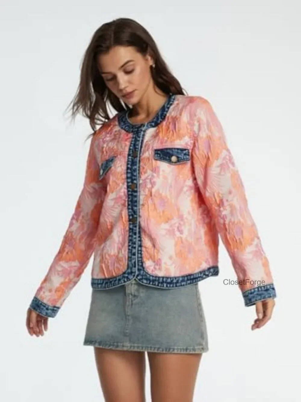 Floral Jacquard Denim Jacket Cropped Long Sleeve Button Down Jacket